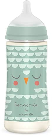 Suavinex, Babyflasche 360 ml mit physiologischem Sauger SX Pro aus Silikon, mit Anti-Colic-Ventil, schnellem Nahrungsfluss (L), für Babys +6 Monate, Bonhomia, Grün