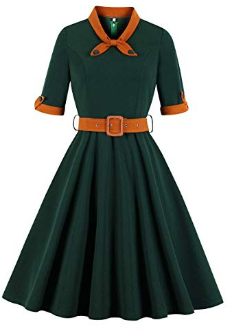 Vintage Dress for Women 1940s, Short Sleeve A-line Vintage Dress Fit and Flared Cocktail Dress Retro Bow Tie Swing Dresses with Belt for Wedding Guest Summer Holiday Tea Party Green+Orange S