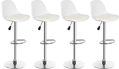 Lot de 4 Tabourets de Bar avec Dossier et Repose-Pieds,Réglable en Hauteur et Rotative à 360°,Chaises de Bar Cuisine en Plastique,Robuste et Ultra Silencieux-Blanc-4pc