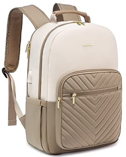 LOVEVOOK Laptop Rucksack Damen 17 Zoll groß Schulrucksack Mädchen Teenager Schultasche Wasserdichter Rucksäcke Elegant mit USB Ladeanschluss, für Reise Uni Business, Beige Khaki