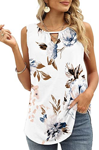 Cuptacc Tunika Damen Sommer Tank Top Lockere Große Größen Sport Oberteile Ohne Ärmel U-Ausschnitt T-Shirt Weis Blumenmuster Mittel M 38-40