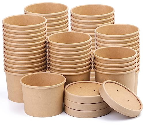 Giwrmu Paquete de 75 tazas de sopa de papel con tapas, cuencos desechables de papel kraft para sopa, recipientes de sopa de papel para llevar, tazas de helado para postre, yogur, helado