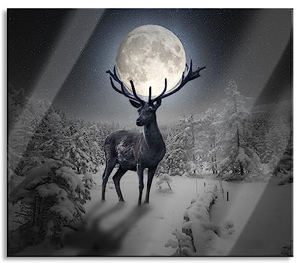 Rentier im Winterwald bei Mondschein B&W Detail Herdabdeckplatte & Spritzschutz aus Echtglas | Für Herd-Kochfelder | 60x52 cm