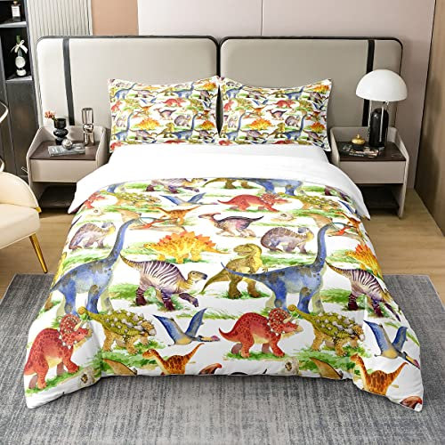 100% Natürliche Baumwolle Cartoon Dinosaurier Bettbezug,Antike Dino Bettwäsche Set 135x200,Nette Dschungel Tier Tröster Bezug für Mädchen Jungen Teens,Kawaii Dino Bett Sets mit1 Kissenbezug Weich
