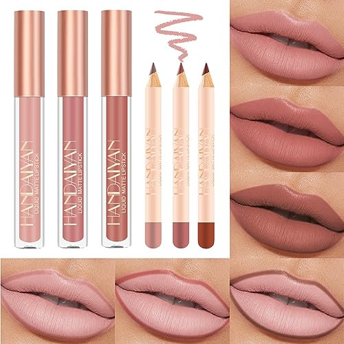Desing Wish 6 Stück Lipliner Set Lippenstift Nude Pink Matte Lipstick Permanent Lip Liner Lip Balm Lipgloss Roter Lippenstift 24 Stunden Long Lasting Lips Kits Madame Geburtstage Geschenk