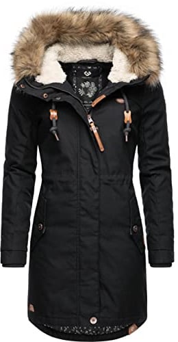 Ragwear Damen Wintermantel Warmer Parka lang mit abnehmbarem Kunstfell Tawny Intl Black22 Gr. 5XL