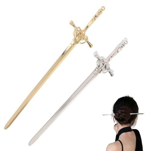 2Pcs Metal Sword Hair Sticks,Vintage Hair Chopsticks Simple,Chinese Sword Tassel Hair Accessories Sticks,for Women Ladies and Girls Headwear Styling Tools Hair Accessories (Gold and Silver)