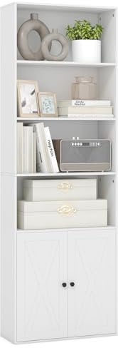 CASART 6-Tier Wooden Bookshelf, Tall Bookcase Storage Cabinet with 2 Doors and Open Shelves, Freestanding Display Shelf Modern Storage Unit for Living Room Study Office (White, 60 x 24 x 180cm)