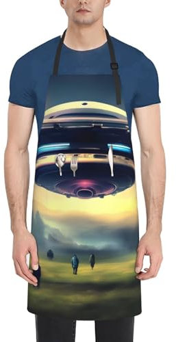 UFO LandingUnisex Schürze verstellbar mit Taschen wasserdicht und öldicht geeignet für Küche und Grill, Schwarz , Einheitsgröße