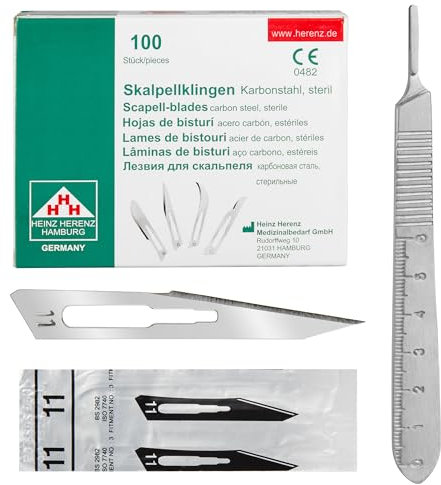 Lot de 100 lames de scalpel figure 11 en acier au carbone – Lames de rechange emballées individuellement stériles + 1 support Shehadeh – Avec manche de 13 cm de long avec échelle de mesure en cm –
