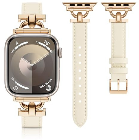 Tuocal Leder Armband Kompatibel mit Apple Watch Armband 42mm(Series 10) 41mm 40mm 38mm, Weiches Echtes Lederarmband für iWatch Series 10 9 8 7 6 5 4 3 2 1 SE Herren Damen, Beige/Rosegold