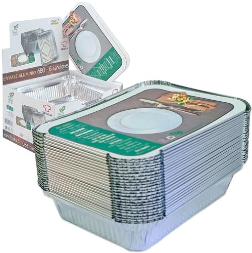 VESCEL - 25 Bandejas Aluminio Rectangulares con Tapa (680 ml) | para Hornear, Congelar y Transportar Alimentos | con Caja Expositora, Reutilizables o Desechables