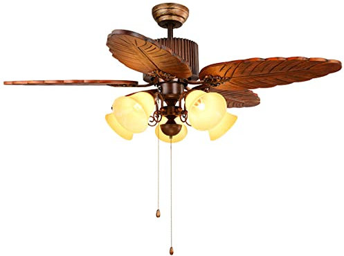 JMWYH Solid Wood Carvingceiling Fans with Lights American Vintage Low Profile Fan Light with 5 Wooden Fan Blades Noise-Free Ceiling Chandelier Ceiling Fan Foe Living Room Lighting (52in