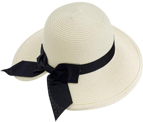 Lufdegim Damen Sommer Faltbarer Strohhut mit Einer Fliege Strandhut Sonnenhut Beschattung im Freien (DE/NL/SE/PL, Numerisch, 58, milchig weiß)