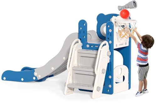 Toboggan pour Enfants, Toboggan indépendant pour Tout-Petits avec Panier de Basket, équipement de Jeu pour Toboggan pour Enfants, toboggans extérieurs (Bleu Gris-5 en 1)