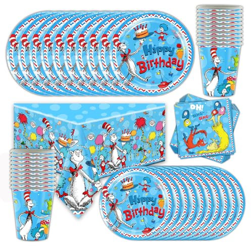 Ensemble de vaisselle de fête Shamoparty Dr.Seuss - Assiettes, tasses, serviettes et nappe pour 20 personnes - Bleu - Anniversaire - Caricature