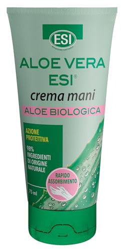 ESI - Aloe Vera Biologica Crema Mani, con Burro di Karitè e Acido Ialuronico, Idrata e Ricostituisce la Pelle Secca e Arrossata, Non Unge, Rapido Assorbimento, Azione Protettiva, 75 ml