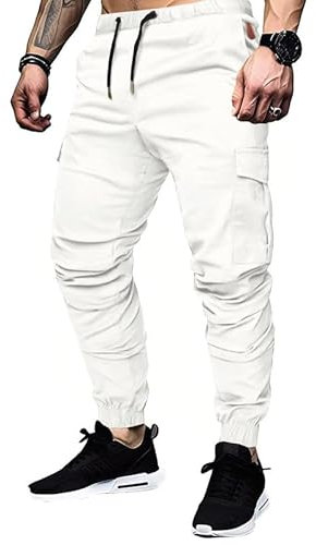TARAINYA Pantalon Cargo Homme Coton avec 6 Poches Taille Elastique Pantalon Chino Homme Regular Fit Blanc L