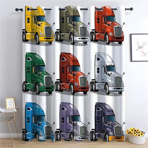 CozyRest Gardinen Kinderzimmer Schlafzimmer 214 x 91.5 cm (H x B) Thermovorhang Verdunkelungsvorhang Cartoon-Stil Jungen Vorhänge Bunter Lastwagen Blickdicht Ösenvorhang 2Er Set