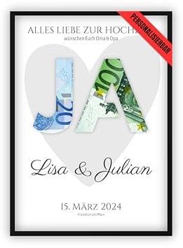 dockyardos© Geldgeschenk zur Hochzeit | JA | Wunschname | Geschenk für das Brautpaar | Geschenkidee für die Trauung | Hochzeitsgeschenk mit Herz
