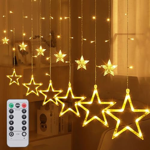 Ninonly Curtain Christmas String Lights, 126 LED Star Curtain Fairy Lights, 8 Mode Window Lights Waterproof, Battery Operated Christmas Decorations for Bedroom Wall Wedding Home