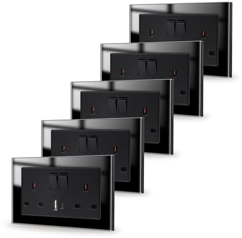 JIMEIDA 5 Pack Black Double Switched Socket
