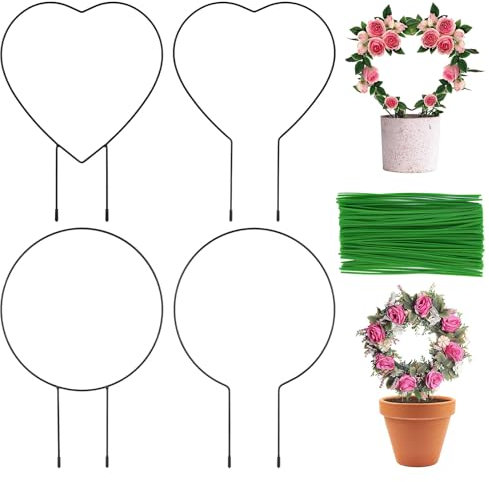 4 Stück Rankhilfe Klein, Rankhilfe Zimmerpflanzen, kletterhilfe Pflanzen Aus Metall mit 100 Pflanzen-Drahtbindern, Herzförmige und Rund Rankhilfe Blumentopf Kletterpflanzen für Pflanzen und Blumen