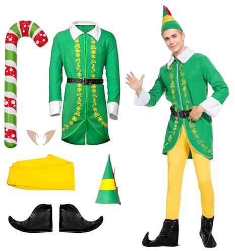 Ficlwigkis Buddy Elfen Kostüm Herren Damen Grün Rosa Elfen Kostüm Weihnachten Buddy mit Ohren Hut Gürtel Elfen für Weihnachten Erwachsener (Grün, L)