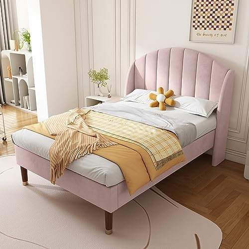 Merax Single bed frame, 3ft Single Upholstered Bed, with slatted frame and headboard, Sturdy Wooden Slat Support, Velvet Fabric (No Mattress), Pink+Velvet/90CM*190CM