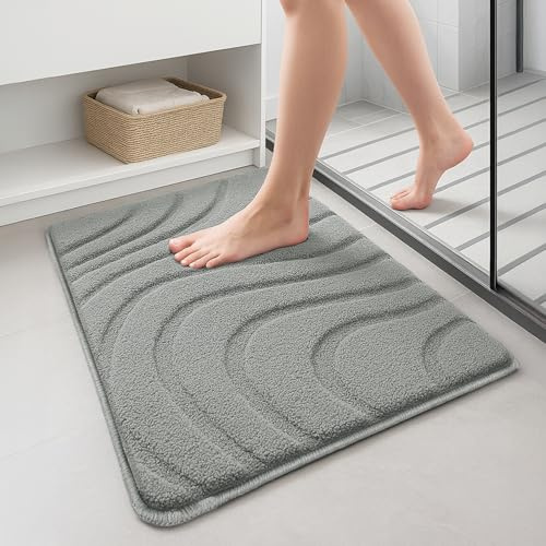 VOUNOT 2er-Set Badematte rutschfeste, Mikrofaser Weich Saugfähig Badezimmerteppich, Flauschig & schnelltrocknend Maschinenwaschbar Badteppich, Fußmatte mit Wellenmuster Duschvorleger 40x60cm Grau