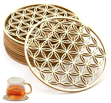 Annlpoy - Posavasos de madera de abedul, posavasos con diseño de flores de vida, ideal para meditación, decoración de hogar, decoración de comedor, 10 x 3 mm