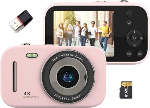 Appareil photo numérique portable 4K - Appareil photo numérique compact - 48 Mp - Écran IPS de 7,1 cm - Zoom 16x - Batterie intégrée - Anniversaire - Pour adolescents, étudiants, amis - Rose