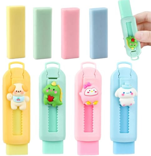 FENQURO 4 PCS Caoutchouc rétractable, papeterie pour effacer crayons et crayons, Gomme en forme de chiot et dinosaure, idéal pour l'école de bureau, idée cadeau mignonne, 2,5 x 8,8 x 1,5 cm