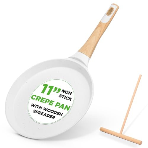 NutriChef Crêpière Antiadhésive 28 cm – Poêle à Crêpes Induction avec Répartiteur en Bois, Revêtement Marbre Crème,Manche Bakélite & Bois, Tous Feux Dont Induction, Facile à Nettoyer, Résistante aux