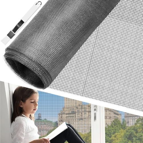 BUZIFU Zanzariera Rete in Fibra di Vetro, Zanzariera a Rete per Finestre 200 * 200cm Ricambio Rete Zanzariera per Finestra Resistente a Raggi UV con 1 Spazzola per la Pulizia 2 in 1 (Grigio)