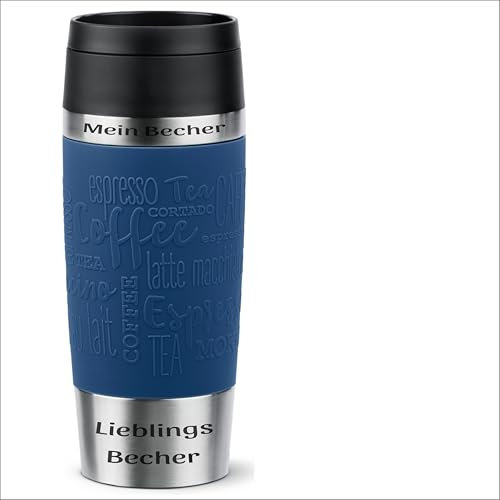 Emsa Dein Name auf dem Trinkbecher N20203 Travel Mug Classic 0,36 Liter, neuer Komfort-Schraubverschluss, Edelstahl, 100% dicht, 360°-Trinköffnung, Dunkelblau