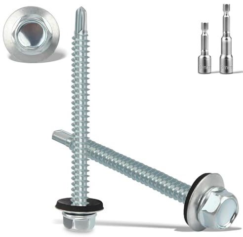 Tornillos Autotaladrantes 50 PCS 4.8x55MM Tornillos Roscachapas 2 Vaso Taladro M8 Tornillo Panel Sandwich Tornillos Autorroscantes Metal para Panel Sandwich Tejado Chapas Metalicas Aluminio (Plata)