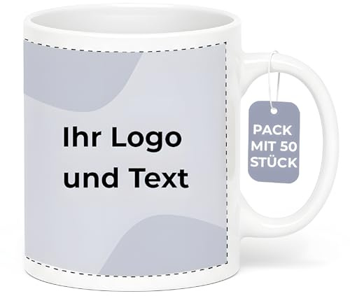 Cimpress Personalisierte Firmen-Tassen, 325 ml, weiß, 50 Stück | Eigenes Logo hinzufügen, Geschenke zum Firmenjubiläum & Kollegen, Kaffeebecher für Büros & Merchandise