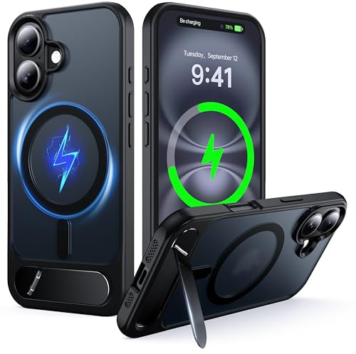 NJROW Magnetic Stand for iPhone 16 Plus Case Compatible with MagSafe [Stand & Wireless Charging 2in1] [Flush Hidden Kickstand] [Military Shockproof] Slim Translucent Matte Silicone,Black