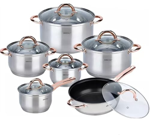 Kinghoff Topfset Induktion 12-teiliges mit Pfanne und Kasserolle, Kochtopf Set mit Glasdeckel, Kochgeschirr aus Edelstahl mattiert, Töpfe Set, Geeignet für alle Herdarten, Spülmaschinenfest