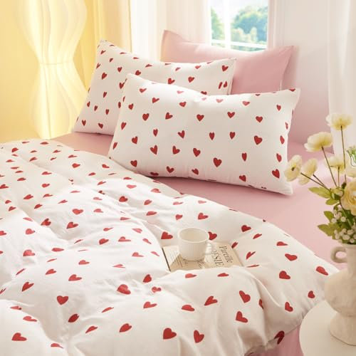 Covebett Bettwäsche Baumwolle 200x200 Doppelte Musselin Rot Herzen Herz Weiß Bettwäsche Set Weich Romantisch Herzchen Mädchen Bettbezug und 2 Kissenbezug 80x80 cm mit Reißverschluss