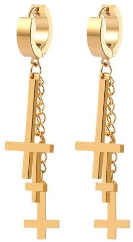JewelryWe Umgekehrt Kreuz Ohrringe Ohrclips: Gold Edelstahl Huggie Creolen mit 3 Baumelnd Petruskreuz Upside Down Kreuz Hängend Clip Ohrringe Fake Ohrstecker Ohne Ohrloch Geschenk Herren Damen