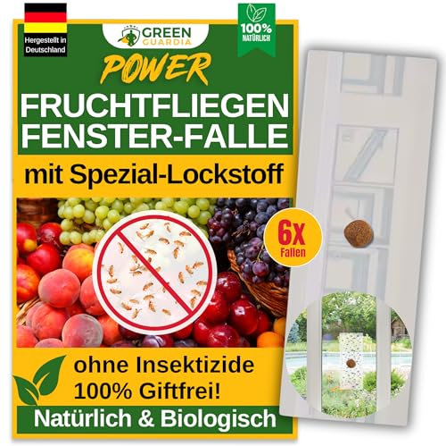 GREEN GUARDIA Fruchtfliegen Fenster-Falle mit Spezial-Lockstoff - 6X Fallen - umweltfreundlich Fruchtfliegen bekämpfen, Chemiefreie Falle mit starker Klebefläche, giftfrei & geruchsneutral