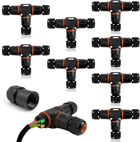 AOBOPLE Pack of 8 IP68 T-Shape Waterproof Junction Box Outdoor Cable Connector,3-Pin Waterproof Cable Protector for Diameter Ø3-12 mm,Use for Outdoor Billboards,Road Landscape Lights