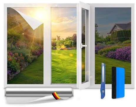 VIEWGUARD® UV Sonnenschutzfolie für Fenster Innen & Außen 30x400 cm, Silber | Selbstklebende UV Sonnenschutzfolie für Fenster Innen & Außen mit Hitzeschutz 97 % UV-Schutz und silbernem Sichtschutz am Tag