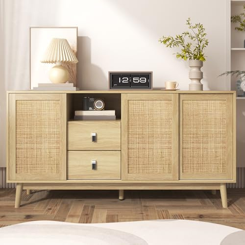 Witimisy Aparador con 3 puertas correderas de ratán auténtico y 2 cajones, transpirable, estable y versátil, 155 x 38 x 80 cm (color madera)