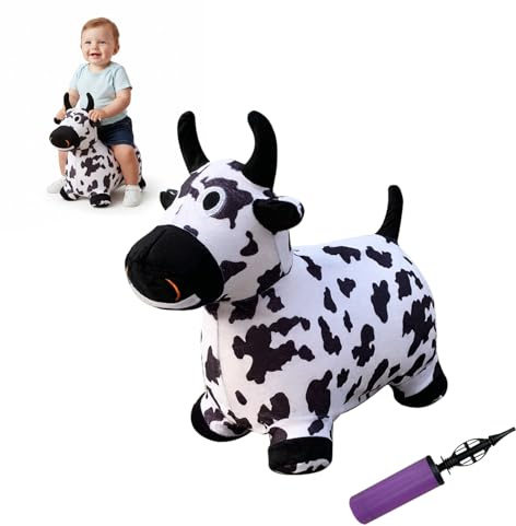 THXKNJ Hoppity Cow Inflatable Hopper with Pump, Plush-Covered Bouncy Animal Ride on Bouncer for Toddlers & Kids, Jumping Cow Hopping Toy Birthday Gift for Boys Girls 18 Months to 6 Years Old