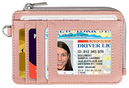 Teskyer Slim Women Card Holder - RFID Blocking, Holds up to 8 Cards, 1 ID Window, 1 Coin Pocket with Zip, Minimalist, Faux Leather, Rose