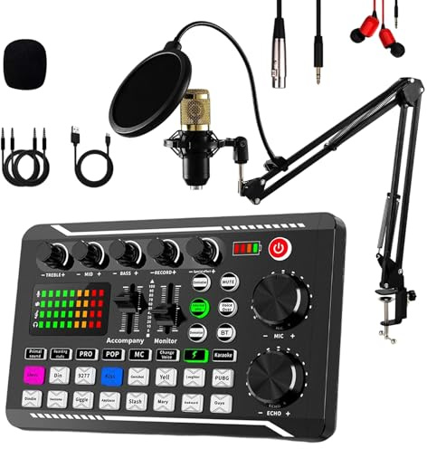 Podcast Mikrofon Bündeln, komplettes Aufnahmestudio mit Mikrofon | F998 Live Sound Card mit BM800 Kondensator-Mikrofon DJ Mixer Effekten für Live Streaming, Gaming, YouTube, TikTok
