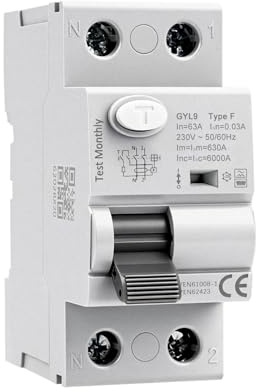 FI Schutzschalter typ F Fehlerstromschutzschalter 2 polig AC230V 63A 30mA 6kA reiner Differenzialschutzschalter für Einphasige Frequenzumrichterlasten Klimaanlagen Waschmaschinen Wasserpumpen GYL9